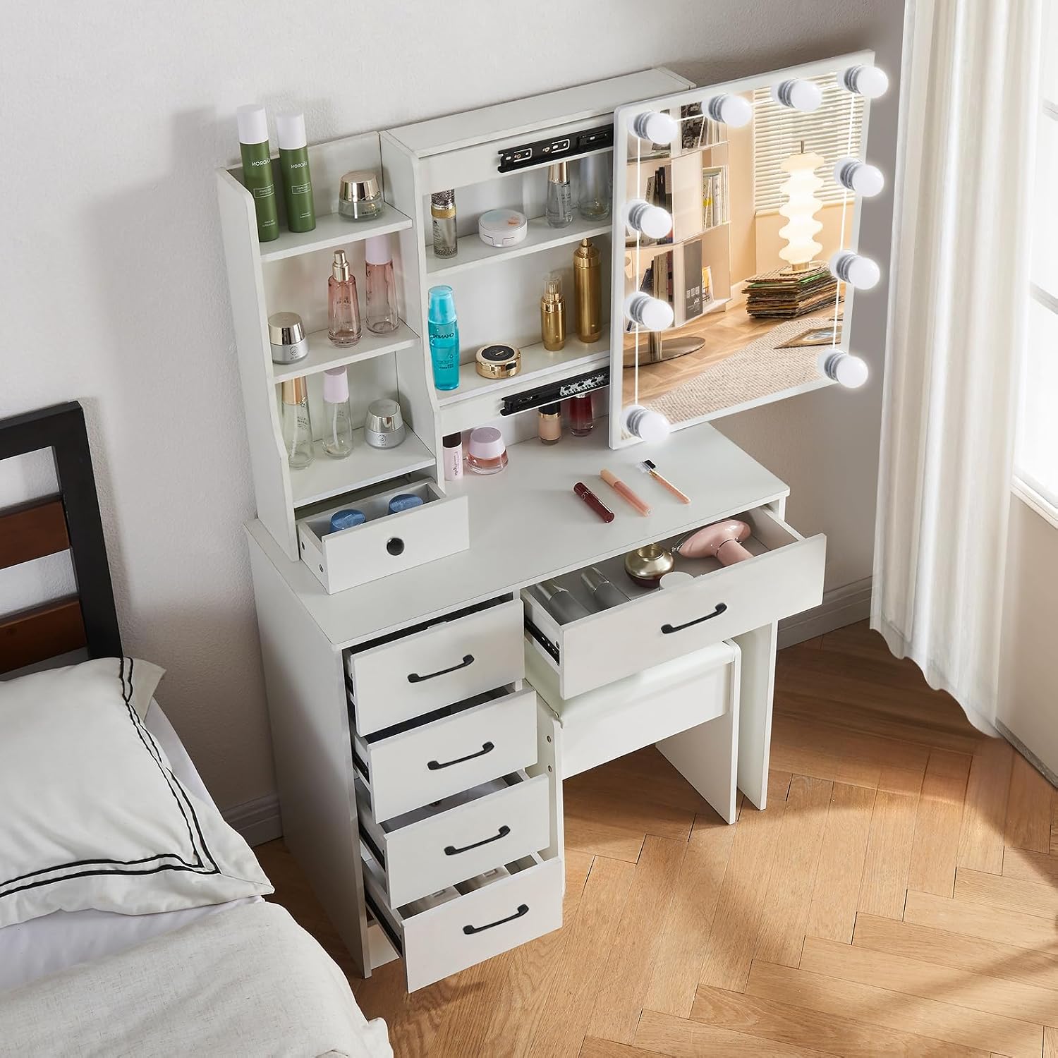 Vanity Desk with Sliding Mirror and LED Lights, Dressing Table Set with 5 Storage Drawers, Makeup Table with Stool for Girls and Women, White
