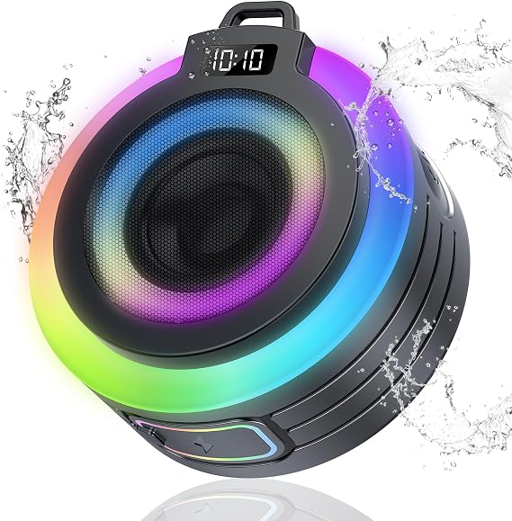 Bluetooth Shower Speaker, Portable Bluetooth Speaker Stereo Sound with Suction Cup/Lanyard, Built-in Mic, IPX7 Waterproof Wireless Speakers Bluetooth 5.4 for Bathroom, Party, Black