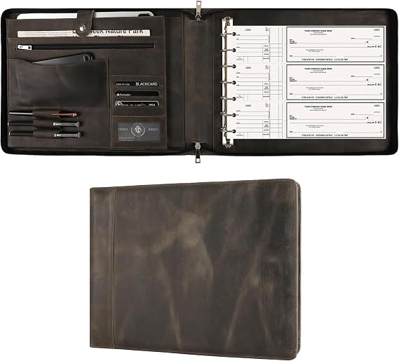 DUKE&COW Leather Business Checkbook Binder - 7 Ring Check Binder Zippered Business Check Binder with Check Book Holder for 3 Per Page 600 Checks Capacity for 9 x 13 inch Sheets, Grey - Non Custom