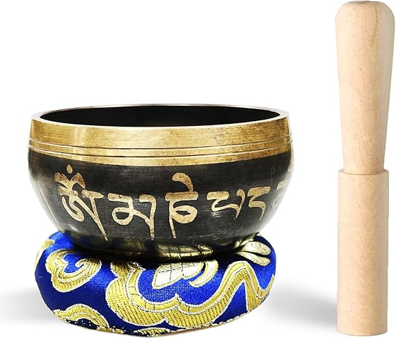 REGIS Tibetan Singing Bowl Set ， Mindfulness, and Stress Relief zen decor，Bowl Handcrafted in Nepal for Healing and Mindfulness (Black, 3 inch)