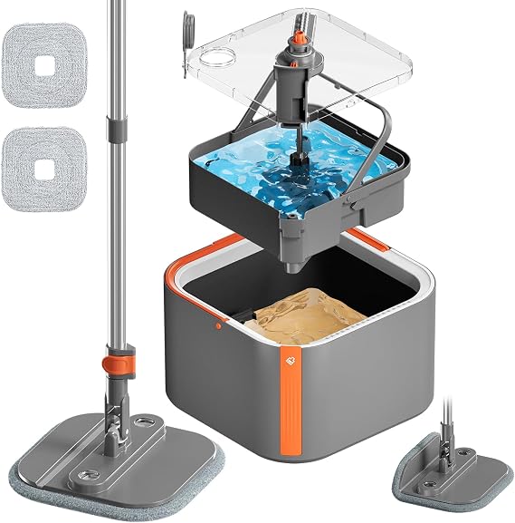 Upgraded Spin Mop and Bucket Set Self-Standing Mop Bucket Separate Dirty and Clean Water System Self Wringing 360 Rotating 90 Foldabl Mops and Buckets for Floor Cleaning (Dark Gray, 2Pads)