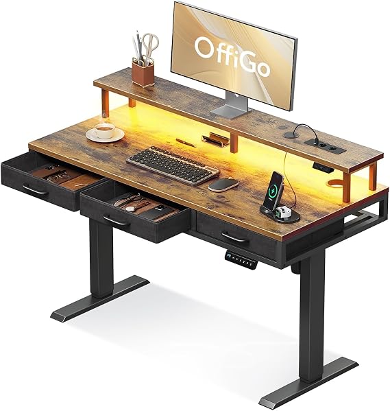 OFFIGO Electric Desk with Drawers, 120 cm Electric Desk with Monitor Stand, Gaming Desk with Sockets and Bright LEDs, Desks, Brown