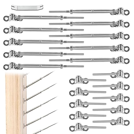 Muzata 10 Pairs 1/8" Cable Railing Hardware Kit Swage Toggle Turnbuckle for Wood Post T316 Stainless Steel Deck Cable Railing System Angle 180 Adjustable Stairs 20 Pack CK07