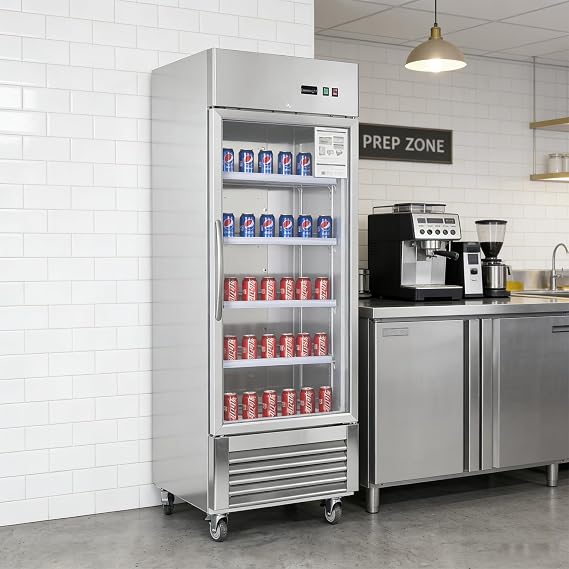 Glass Door Display Refrigerator, 27" W Commercial Refrigerator, 18.68 Cu.ft. Reach-in Stainless Steel Refrigerator, Upright Fan Cooling Merchandise Refrigerator, ETL & DOE Certificated