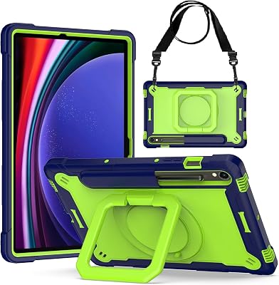 Case for Galaxy Tab S9 FETab S9 12.4 inch, Rugged Armor Heavy Duty Hybrid Cover with Adjustable Stand and Handle for Tab S9 Plus 12.4 with Shoulder Strap and S Pen Holder BlueGreen
