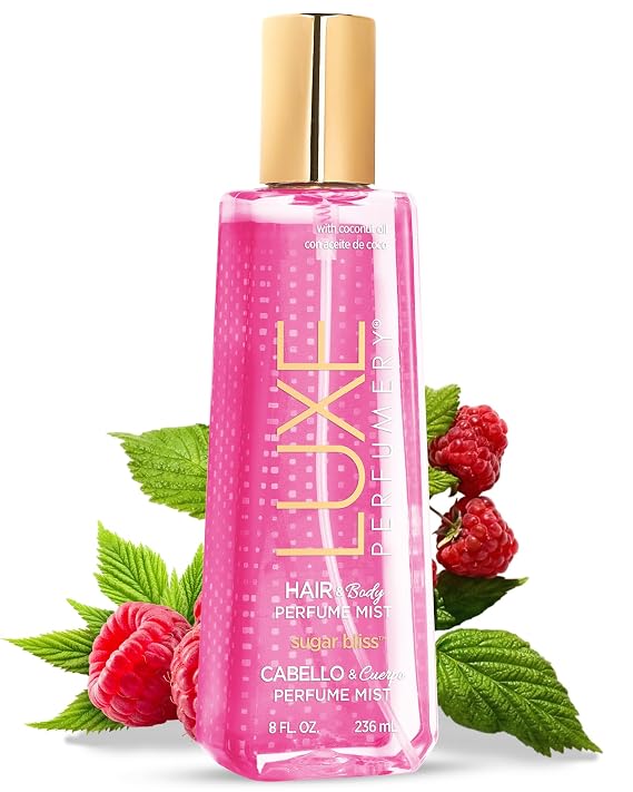 Luxe Perfumery Sugar Bliss Hair & Body Perfume Mist Sweet Gourmand Fragrance with Raspberry, Chocolate, Vanilla & Musk Hydrating Coconut Oil & Glycerin, Lightweight Daily Mist for Women, 8 Fl Oz