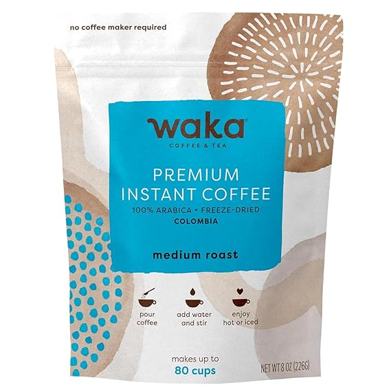Waka Premium Instant Coffee Pouch 100% Colombian Arabica Freeze Dried Beans For Hot or Iced Coffee (8 Ounces, Medium Roast)