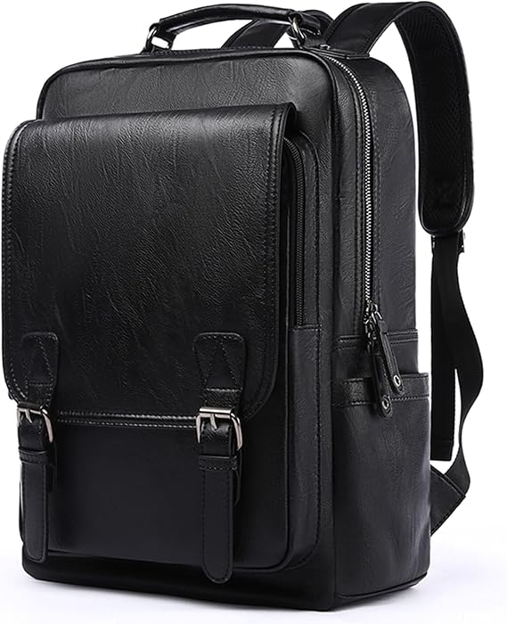 MOYYI Leather Backpack fits 15.6 Inch Laptop Vintage Backpack Waterproof Flap Bookbag for Men Leather Travel Backpack for Men Casual Knapsack Black