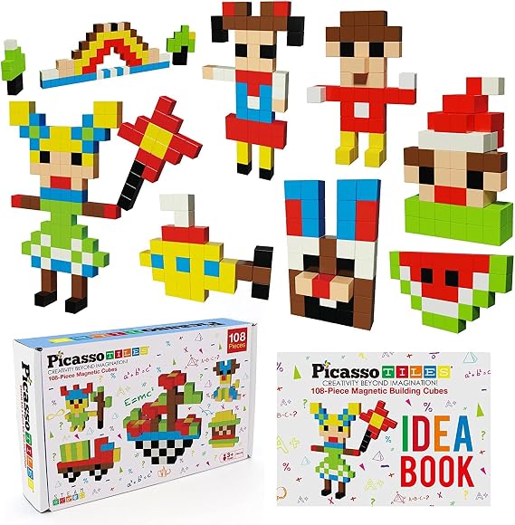 PicassoTiles 12pc Magnetic Brick Tiles + 108pcs Magnetic Puzzle Cubes, All-in-one Socket Spikes Toys Accessory Kit Stacking Set, Magnet Construction Building Block Set, Free Ideabook with 50 Ideas