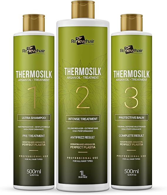 Renewhair Thermosilk Professional 3-Step Hair Treatment Set, Keratin and Argan Oil System with Ultra Shampoo, Intense Treatment, Protective Balm for All Hair Types, Vegan