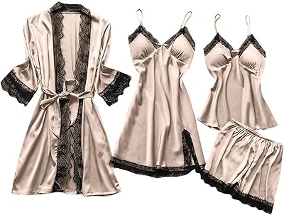 Generic Pajamas for Women Silk Pajama Set 4pcs Robe Babydoll Lingerie Satin Sleepwear Nightdress Sexy Lace Nightgowns Sets