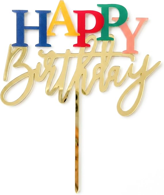 Acrylic Happy Birthday Cake Topper, 7.5"x6" Gold & Rainbow