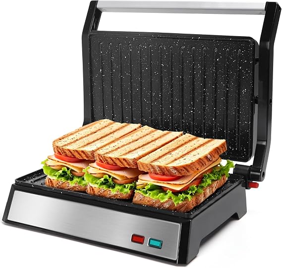 Aigostar Panini Press, 1200W Sandwich Maker and Electric Indoor Grill with Ceramic Non-Stick Coated Plates, Opens 180to Fit Any Size of Food, Stainless Steel Surface & Removable Drip Tray, Silver