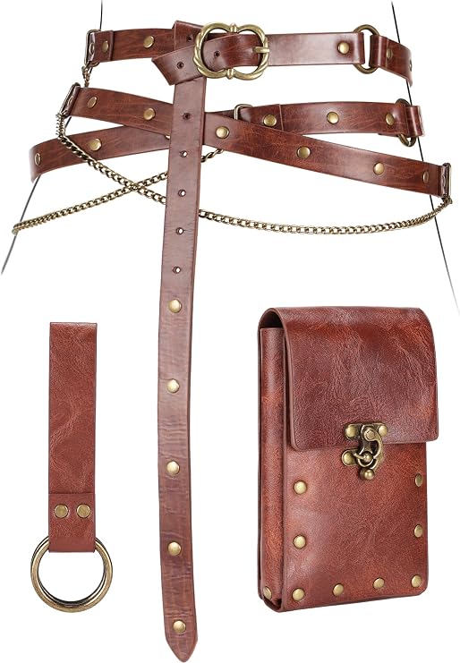 Ultrafun 3pcs Renaissance Belt Accessories Faux Leather Medieval Viking Chain Belt Bag Skirt Hike Ren Faire Costume