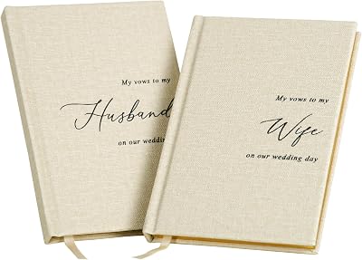 MUUJEE Hard Cover Vow Books Set of 2 - Cream Canvas Linen Foil Embossed Wedding Ceremony Vow Renewal Speech Books, Couple Gifts for Engagement to My HusbandWife