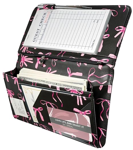 Zreal Cute Server Book for Waitress, Waiter Book with Zipper and Magnetic Pocket, Serving Book for Waitstaff in Restaurants, Leather Waitstaff Organizer Fits Server Aprons(Black Bow)