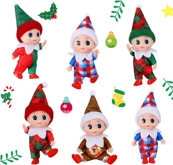 Threan 6 Pcs Christmas Doll Mini Twins in Bib Pants and Bodysuit Miniature Plaid Accessories Green and Red Suitable for Xmas New Year Decor Gift