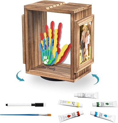 Emfogo 360 Rotating Family Handprint Kit, DIY Craft Keepsake Wooden Frame, Baby Footprint Kit, 5 Paint Colors Included, Non-Toxic Paints&Transparent Sheets, Gifts for Handprint Family KeepsakeBrown