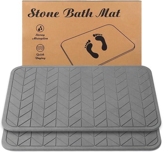 Stone Bath Mat, Diatomaceous Earth Shower Mat, Non-Slip Super Absorbent Quick Drying Bathroom Floor Mat, 2 Pack, Grey