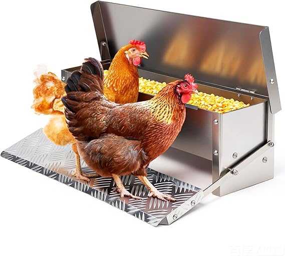 Chicken Feeder No Waste Rat Proof Automatic Treadle Feeder 15 Lbs | Poultry Feeder,Stainless Steel Material,Heavy Duty,With Lid & Legs,Weatherproof,Rainproof,Used for Outdoor & Chicken Coop