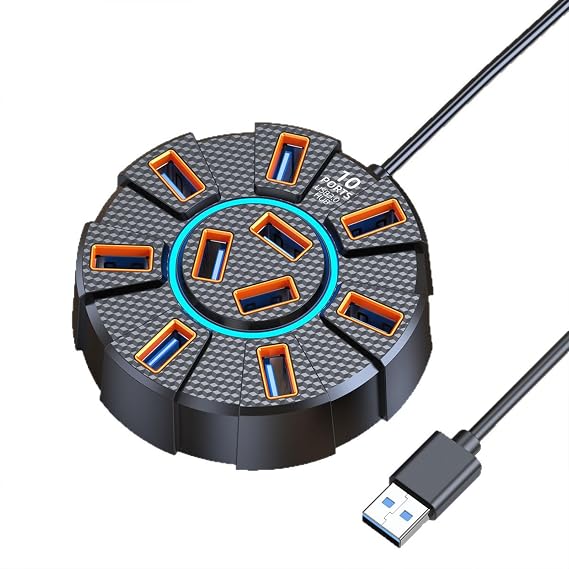 USB Hub 10 Ports with 3.9ft Long Cable,Multiport USB A 3.0 Hub Splitter with Power/Data Ports, USB Adapter Extender for Laptop, Desktop, PC, Car, Xbox, PS5, Console (10Port-3.9Ft)