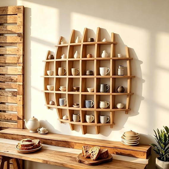 Oversized Hanging Coffee Mug Display Rack,Sphere Solid Wooden Tea Cup Holder,Mug Shelf for Wall,Multi Slot Wall Decor Display Cabinet,for Living Room Kitchen Office(47.247.2'')