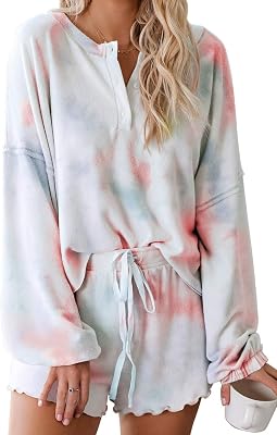 Womens Loungewear 2 Piece Lounge Sets Long Sleeve Tops and Shorts Sleepwear Night Shirts