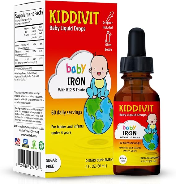 Baby Iron Liquid Drops with Vitamin B12 & Folate Gentle Iron Support Supplement 60 Daily Servings, Inulin Fortified Prebiotic Fiber Sugar Free, Gluten Free, Vegetarian, 2oz