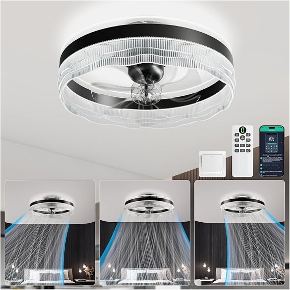 kejector Low Profile Ceiling Fan with Light,20 Inch Fandelier Ceiling Fans with Lights and Remote App Control,360Oscillation Bladeless Flush Mount LED Fan Light for Bedroom Living Dining Room