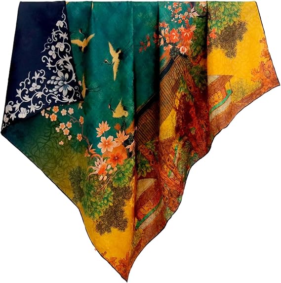 HangErFeng Women Scarf Silk Fragrant Cloud Yarn Square Chinese Paint Pattern Double Printed Multicolor Shawl 872 onesize