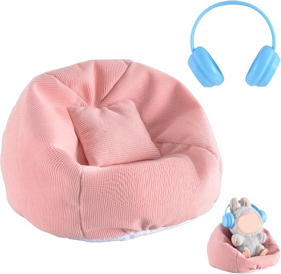 Doll Car Seat for LABUBU, Handmade Bean Bag Sofa with Blue Earphone, Anti-Slip Bottom,Cute Dispaly Accessories for 5.9-6.7in Dolls(Pink)