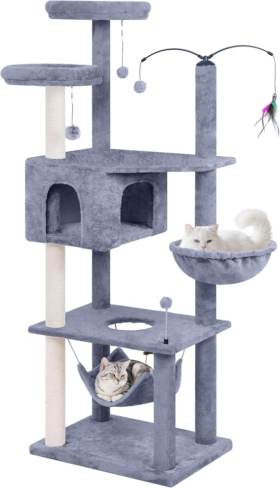 AIWIKIDE Big Cat Tree, Cat Tower with Multi-Level Condo, Hammocks, Rotating Toy (Grey, 57'')
