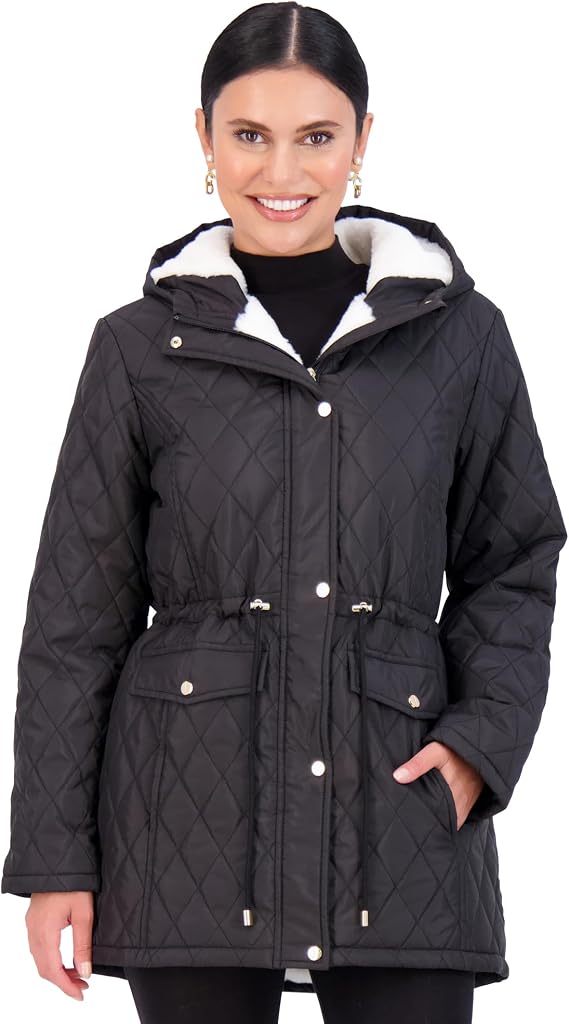 Jones NY Diamond-Quilted Jacket Anorak with Fur Lining - Winter Coats for Women, Black