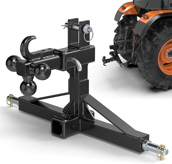 Black 3 Point Quick Hitch Dual 2” Receiver with Trailer Ball Hitch and Hook, 3 Point Trailer Hitch for Standard/5th Wheel/Goose Neck Connections, 3 Pt Hitch Farm Equipment and Subcompact Trailer Hitch