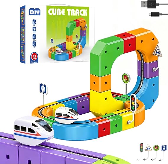 Clickrail Electric Train Set, Track Fusion Toy, DIY Cube Track with Gravity-Defying Motorized Train, 3D Embedded Layouts, Birthday for Kids (51PCS)