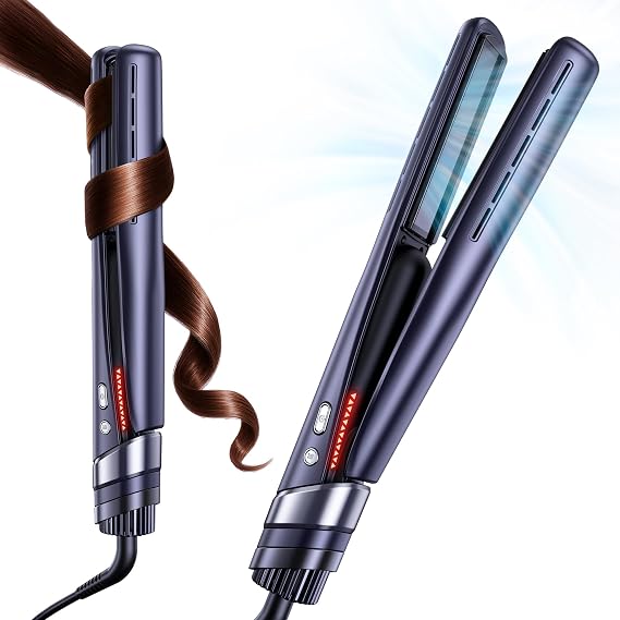 Airflow Styler Pro Flat Iron - 3-in-1 Hair Straightener & Curler with 360 Cooling Airvents - Long-Lasting Style Lock - 3D Floating Ceramic Plates for Frizz-Free & Tug-Free Styling, Fast Heat-up,Navy