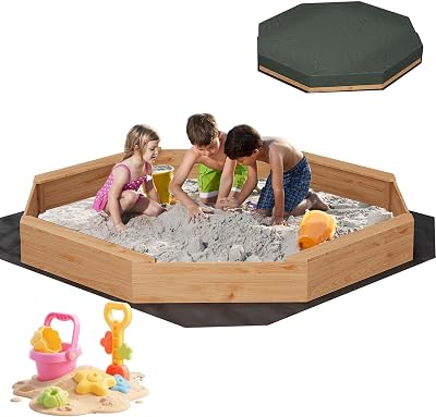 Wooden Octagon Sandbox with Cover, Outdoor Sand Box with 4 Bench Seats, Nylon Cover, Bottom Liner, Large Sandpit for Ages 3-8, Spacious Kids Sand Pit for Beach, Patio, Backyard82x82in