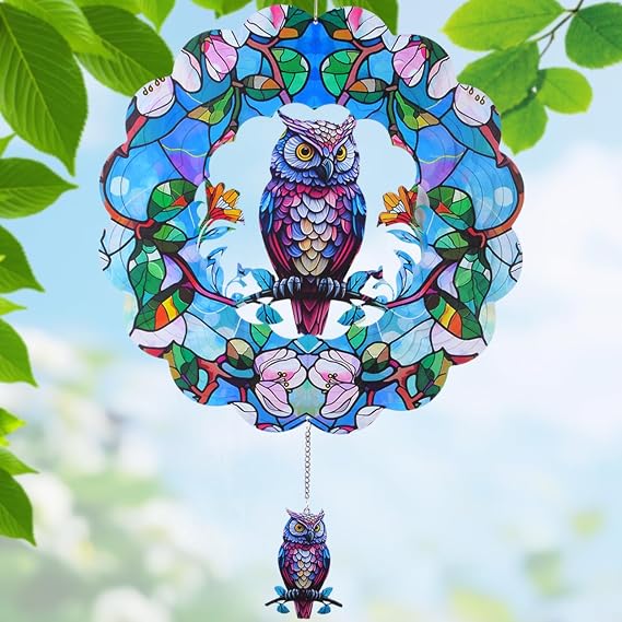 FAICACC Wind Spinners Outdoor, Owl Metal 3D Hanging Garden Decor, 12-inch Stainless Steel Wind Spinner with Tail Spinner, Wind Sculptures for Indoor