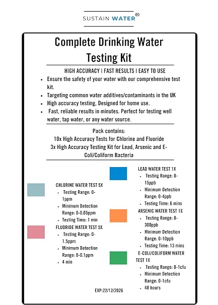 Complete Drinking Water Test Kit – Professional High-Accuracy Testing for Chlorine, Fluoride, Lead, E. Coli & Arsenic | Fast, Reliable Results | Premium Home Tap Water Quality Test Kit