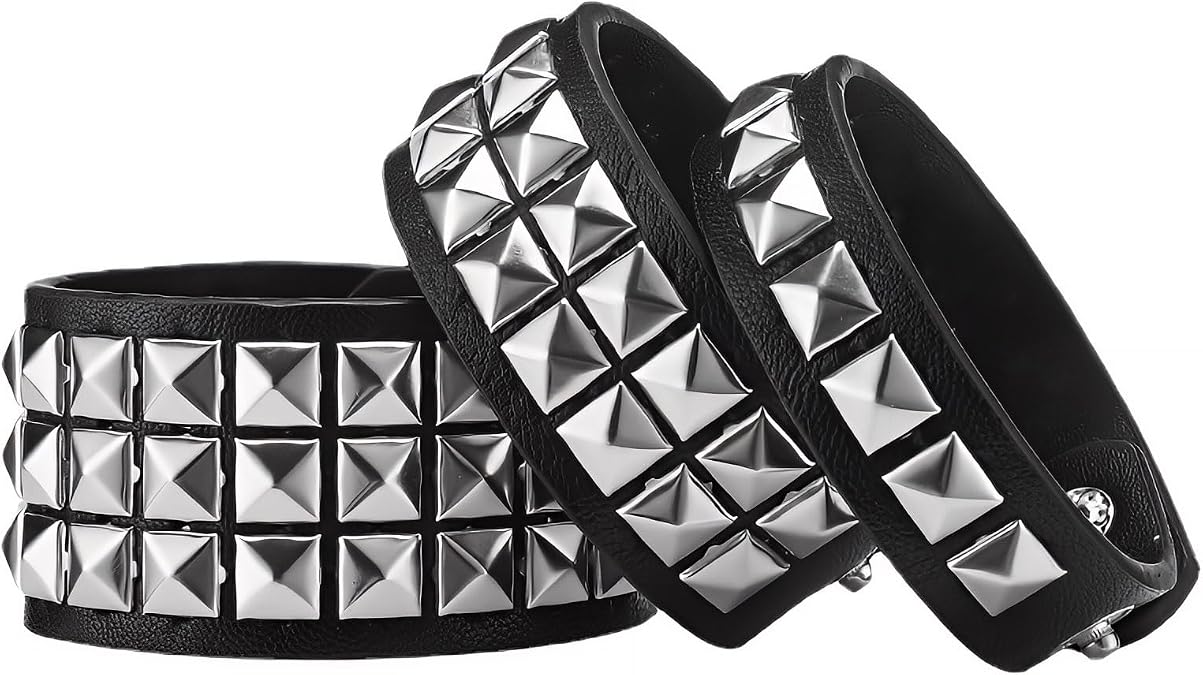 3Pcs Black Leather Punk Studded Bracelets Gothic Cuff Wristbands