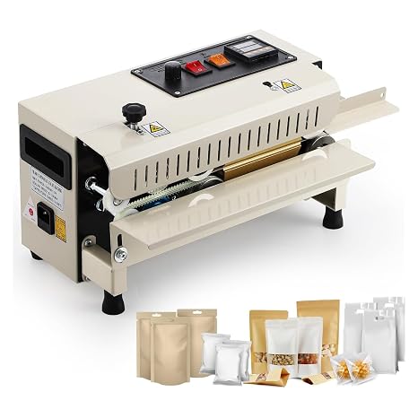Commercial Continuous Sealer Machine Ultra-Compact Design 700W Max 12m/min Double-Sided Heating 0-300℃ Seal Width 6-12mm for Tea Bags/Snacks/Bags Mini Space-Saving Desktop Easy Operation with