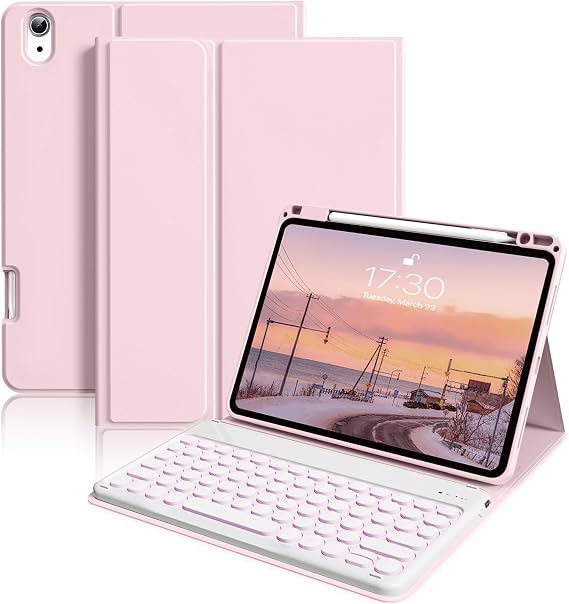 kenke Keyboard Case for iPad Air 11 Inch (M3) 2025 / (M2) 2024, iPad Air 5th/4th Generation 10.9 Inch 2022/2020, Stand Cover with Pencil Holder 7 Color Backlit Detachable Wireless Keyboard, Light Pink