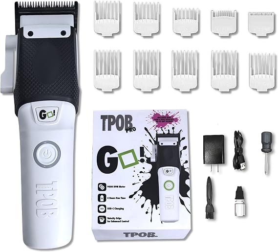 TPOB GO Professional Barber Hair Clippers for Men - 7000-9000 RPM TORQ Motor with Instant Boost, Graphene Architek Blade, Cordless Hair Cutting Machine with 5-Click Lever & 4-Hour Battery (White)