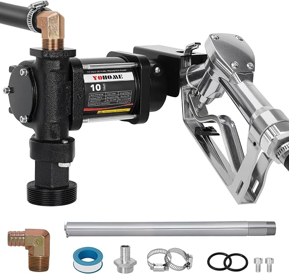 12V 10 GPM Fuel Transfer Pump with Discharge Hose & Manual Nozzle, Gasoline, Diesel, Kerosene & Biodiesel
