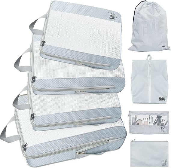 8PC Packing Cubes for Travel Compression Luggage Organizer Bags for Travelers Airline Cruise Car Train Travel Bags Packing Cubes,Grey 8 pcs