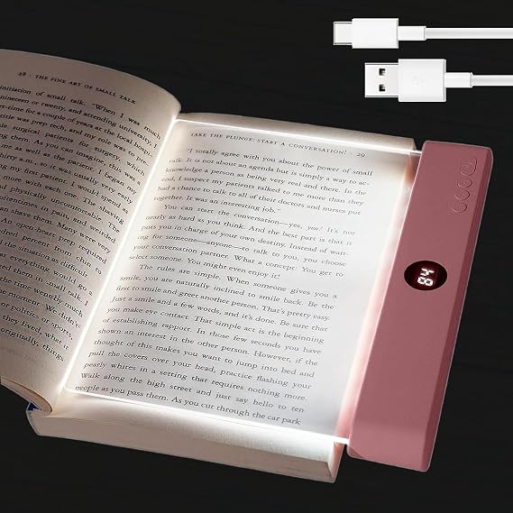 Book Light for Reading in Bed, Rechargeable LED Flat Book Light with Clear Full Page Panel, 3 Color Temperatures, Stepless Dimming, 199 Min Timer, 1200mAh USB-C Bookmark Light for Book Lovers(Pink)