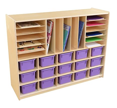 Wood Design Multi Section Storage Cabinet with Rolling Casters, Multipurpose Homeschool Furniture for Organizing Classroom Supplies and Toy Storage [ Purple Bin]