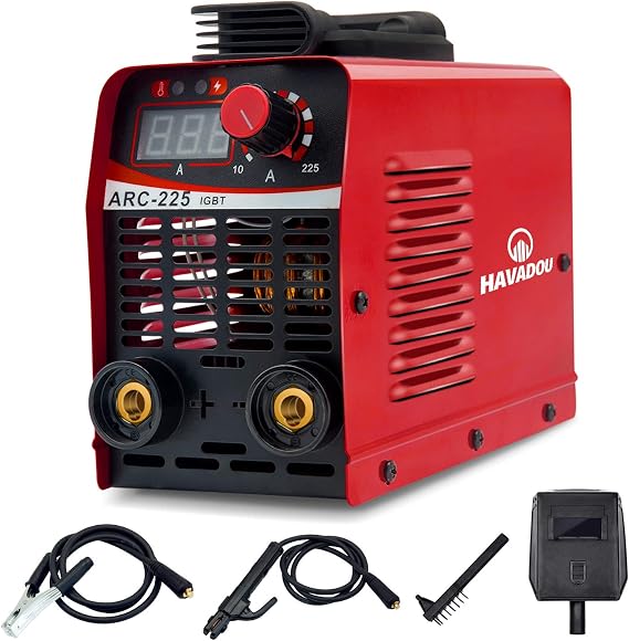 HAVADOU ARC MMA 225A handheld small electric welding machine Arc welding machine IGBT digital display LCD 110V hot start welding machine, with electrode holder, crimping tool, electric brush
