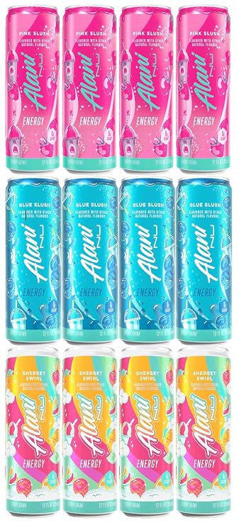 Alani Energy Drink Variety Pack - Blue Slush, Pink Slush, and Sherbet Swirl - 12 Pack Gift Basket
