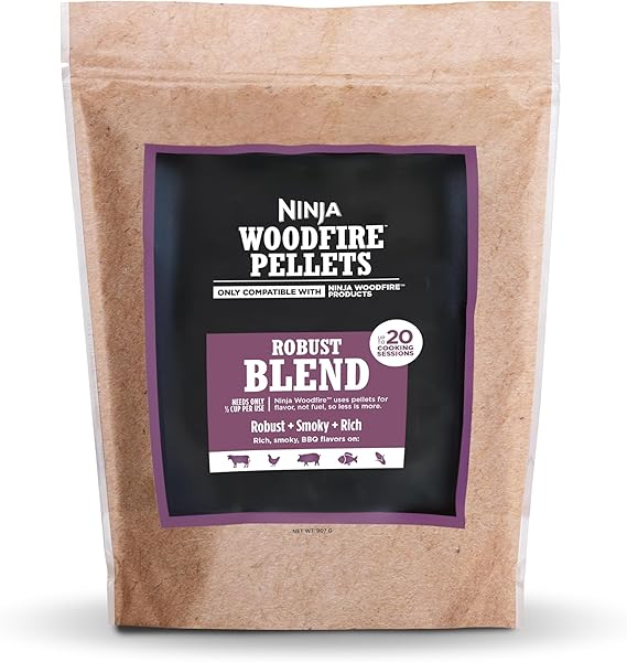 Ninja Woodfire Pellets, Robust Blend, 2-lb Bag, Real Wood, Ninja Compatible | Ninja Woodfire Robust Pellets blend Hickory, Cherry, Maple & Oak for rich, classic BBQ smoke only 1/2 cup needed per cook